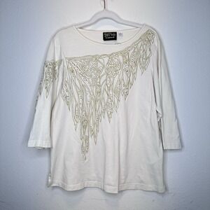 Bob Mackie Wearable Art Women's Embellished 3/4 Sleeve Top Sz‎ Med Ivory Gold